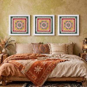 URA wall decor frame combo pack of 03 frames with traditional Kutchi lippan art of Mud and mirror work.
