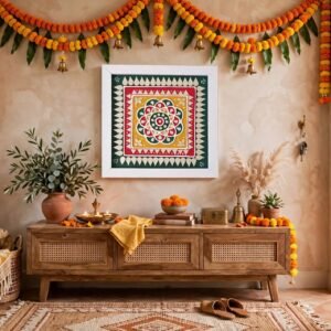 URA Wall decor frame with traditional Kutchi lippan art of Mud and mirror work.